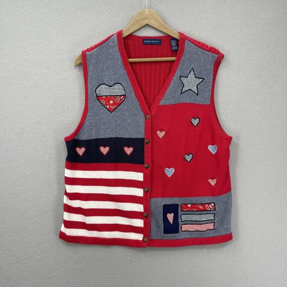 Karen Scott Sweater Vest Womens Large Red Blue Heart Flag Patriotic Button Knit - Picture 1 of 7